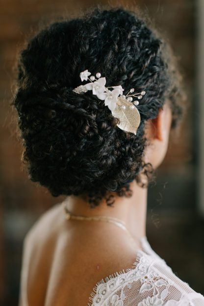 rosegold floral porcelain hair pin in updo