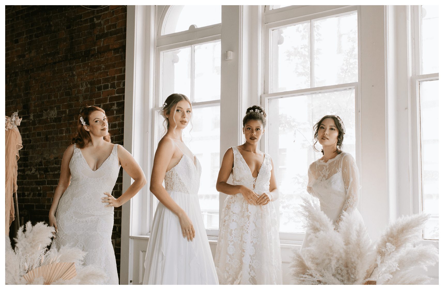 four brides modelling wedding dresses and accessories