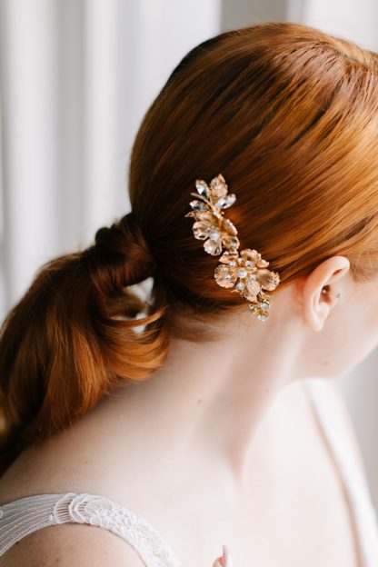 rose gold metallic floral hair comb bridal updo