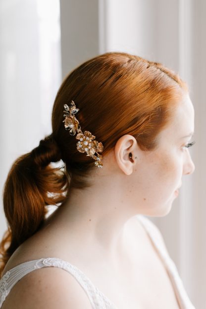 rose gold metallic floral hair comb bridal updo