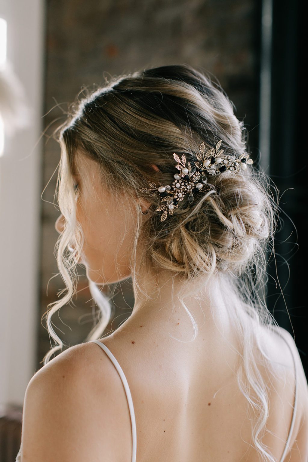 gold pearl botanical hair comb bridal updo