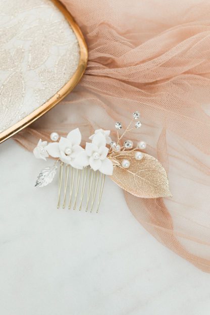 porcelain floral hair pin with leaf