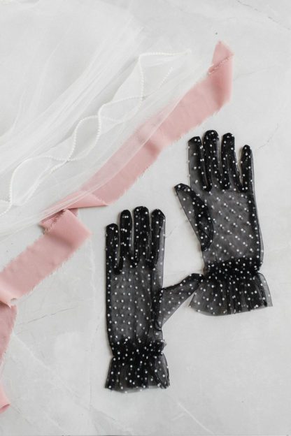 black tulle polka dot bridal gloves