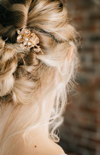 gold metallic floral hair comb bridal updo