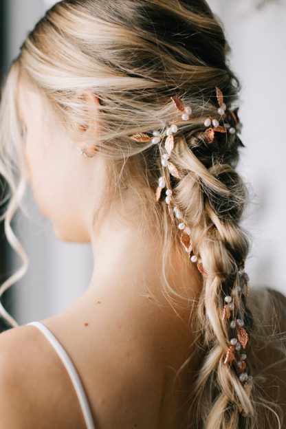 rose gold and pearl hair vine braid