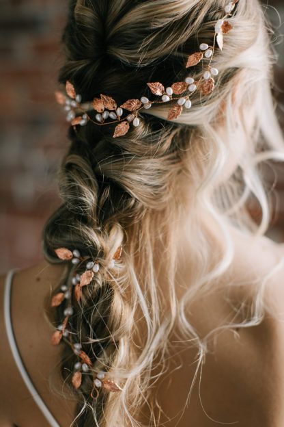 rose gold and pearl hair vine bridal updo