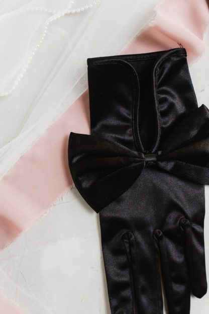 black satin bridal gloves with bow