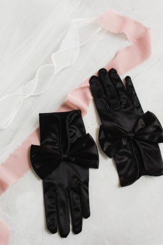 black satin bridal gloves with bow