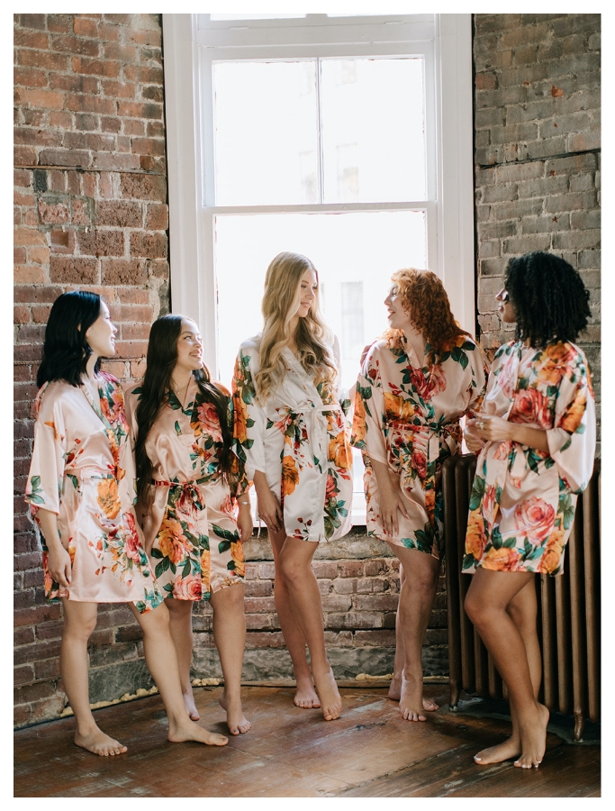 adorn and co bride and bridesmaids wearing spring blossom dressing gowns